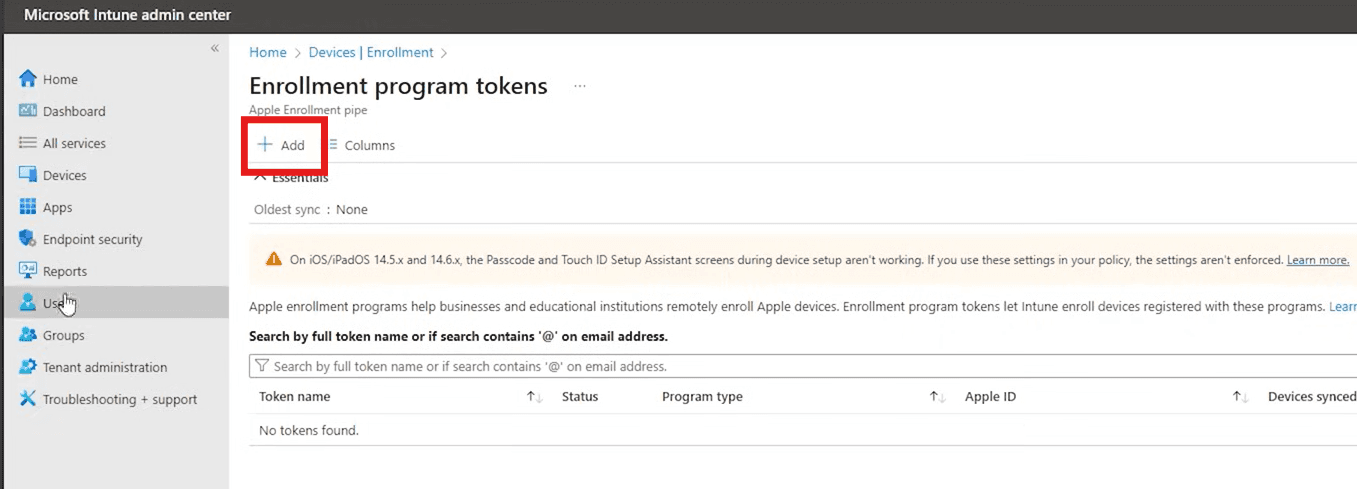 Click Add on the Enrollment Program Tokens page in Intune
