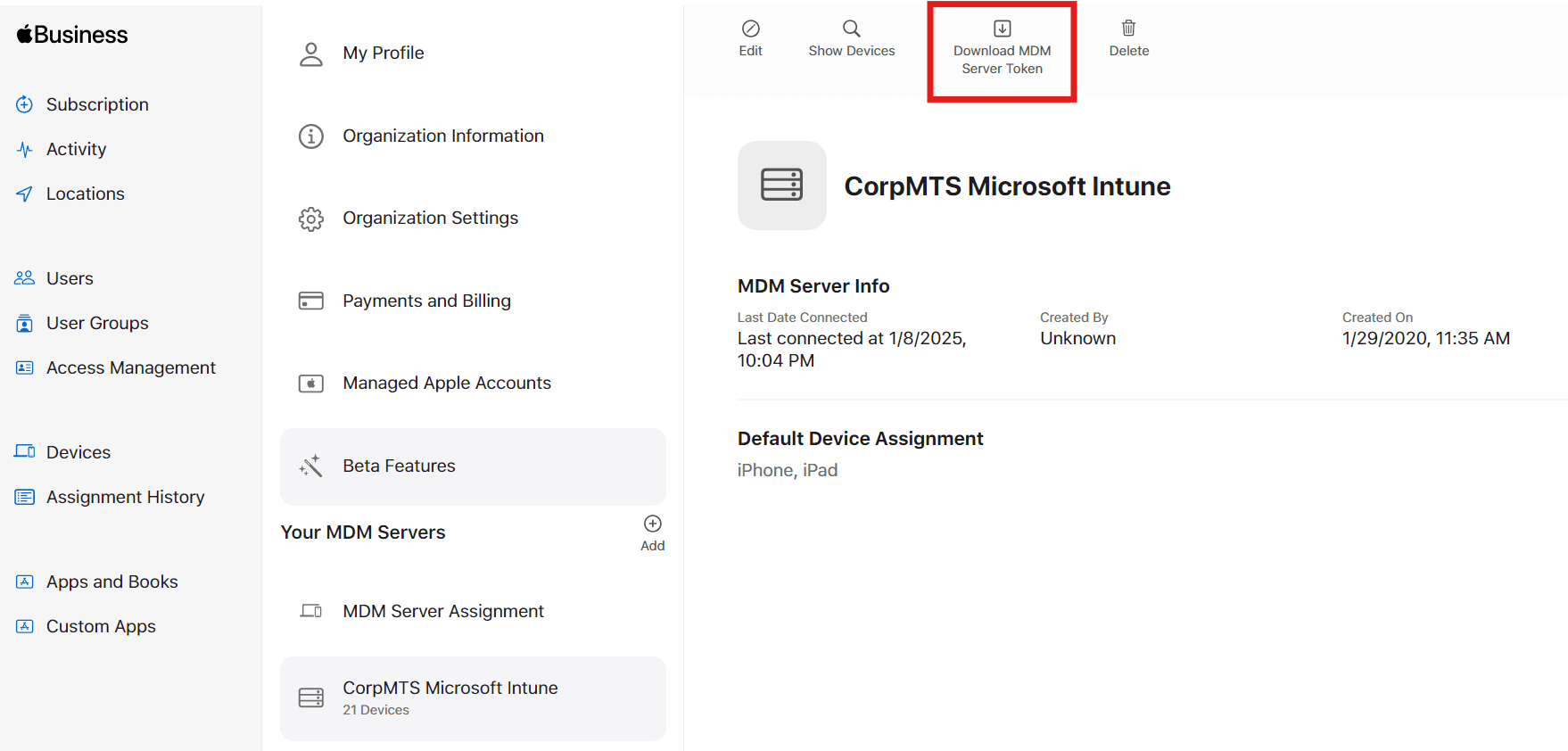 Download the MDM server token from Apple Business Manager