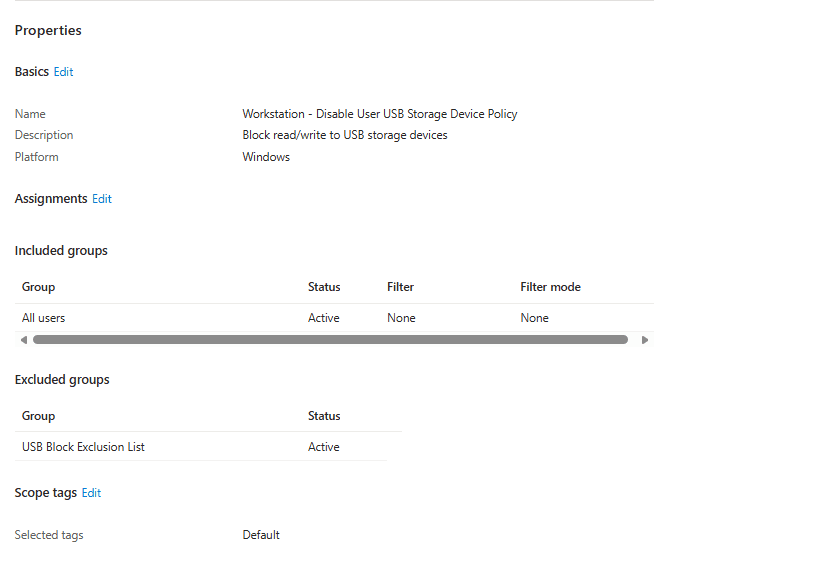 USB block policy deployment results in Intune