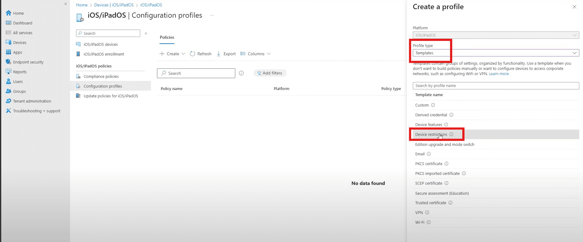 Choose device restrictions template